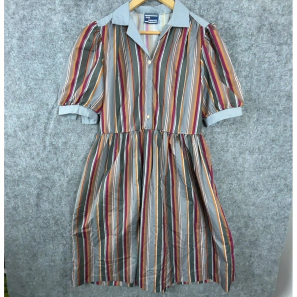 Avon Fashions Shirt Dress Womens M Grey Striped Vintage Pleated Puff Sleeve